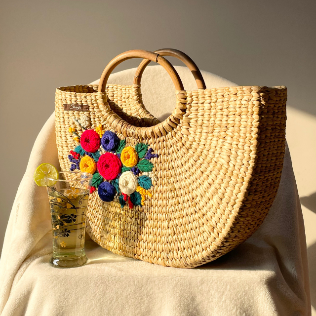 Colourful Flowers Water Reed Handwoven Embroidered Handbag