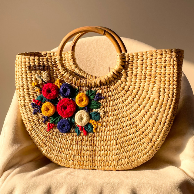 Colourful Flowers Water Reed Handwoven Embroidered Handbag