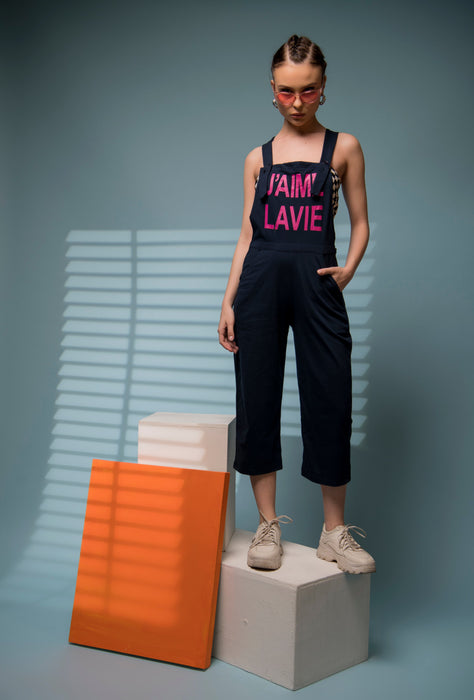 Navy Blue Slogan Printed Dungaree