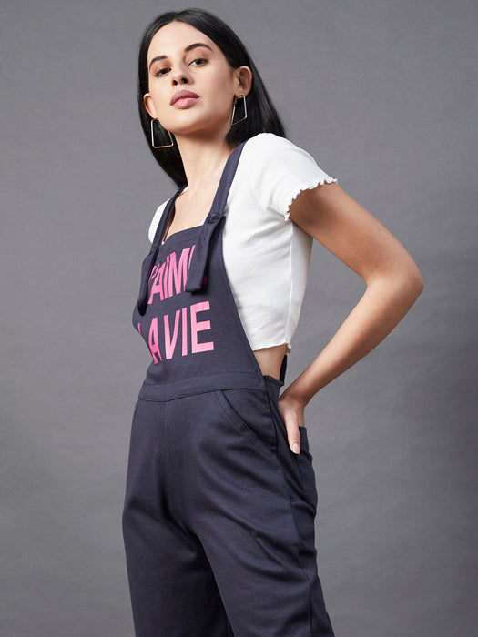 Navy Blue Slogan Printed Dungaree