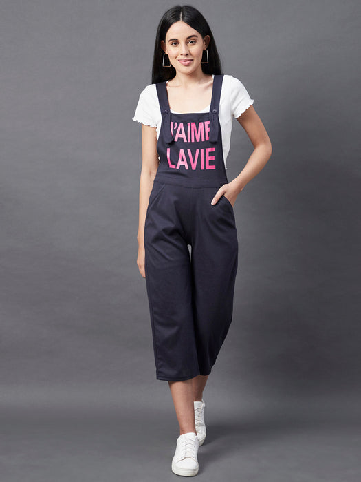 Navy Blue Slogan Printed Dungaree