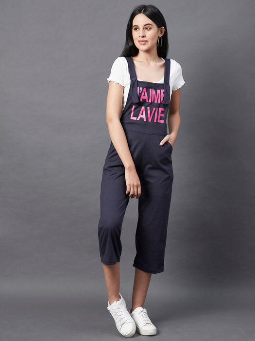 Navy Blue Slogan Printed Dungaree