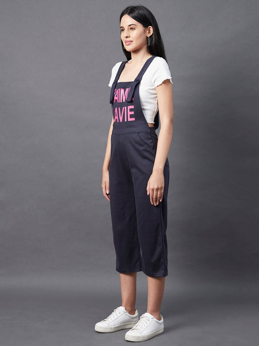 Navy Blue Slogan Printed Dungaree