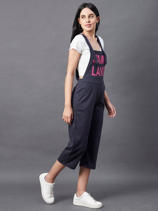 Navy Blue Slogan Printed Dungaree