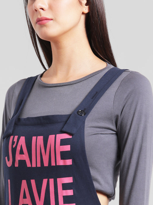 Navy Blue Slogan Printed Dungaree