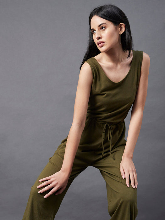 Solid Khaki Sleeveless Jumpsuit