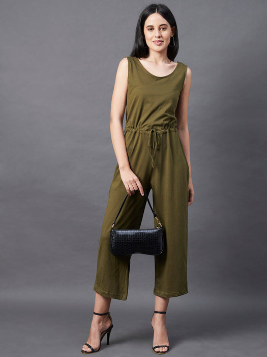 Solid Khaki Sleeveless Jumpsuit