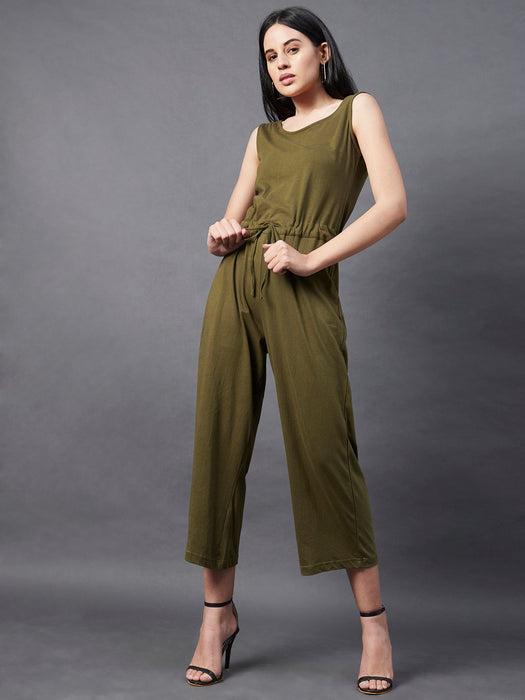 Solid Khaki Sleeveless Jumpsuit