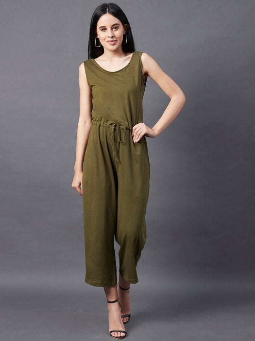 Solid Khaki Sleeveless Jumpsuit