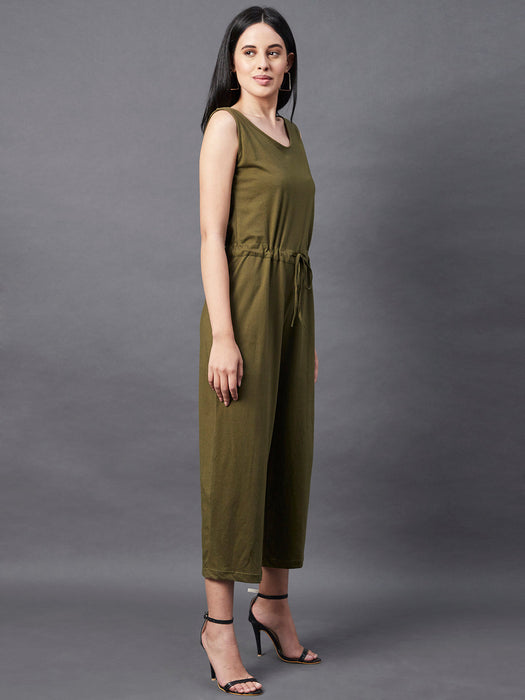 Solid Khaki Sleeveless Jumpsuit