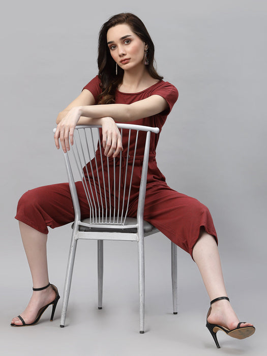 Maroon Self Texture Short Sleeve Scoop Neck Jumpsuit