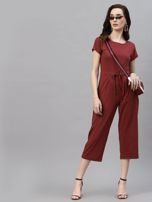 Maroon Self Texture Short Sleeve Scoop Neck Jumpsuit