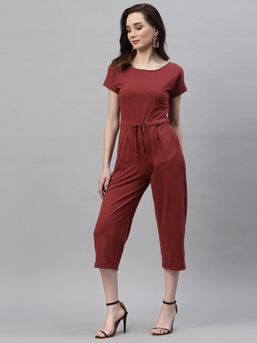 Maroon Self Texture Short Sleeve Scoop Neck Jumpsuit