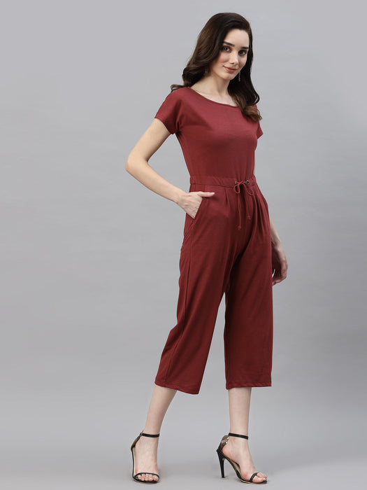 Maroon Self Texture Short Sleeve Scoop Neck Jumpsuit