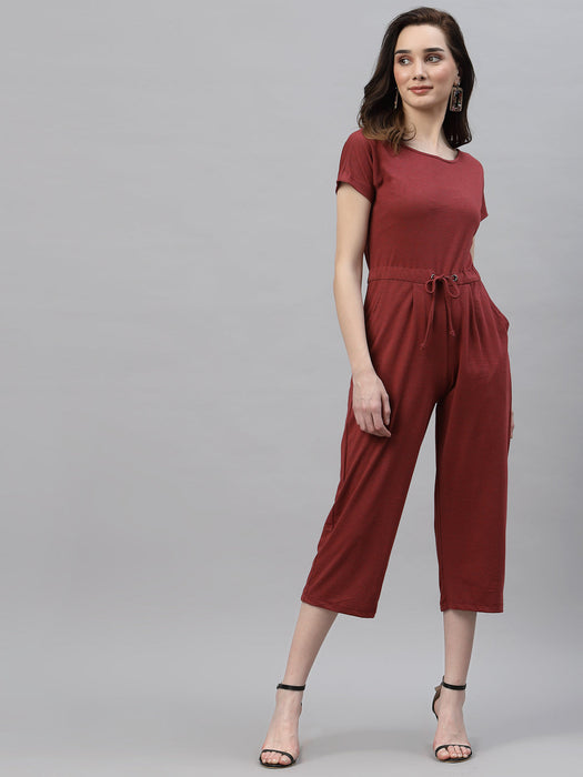 Maroon Self Texture Short Sleeve Scoop Neck Jumpsuit