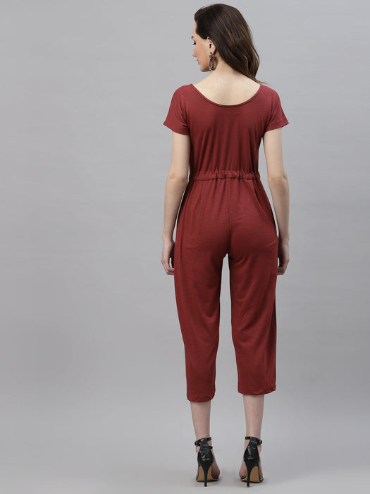 Maroon Self Texture Short Sleeve Scoop Neck Jumpsuit