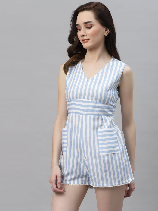 White Blue Stripe V-Neck Sleeveless Playsuit