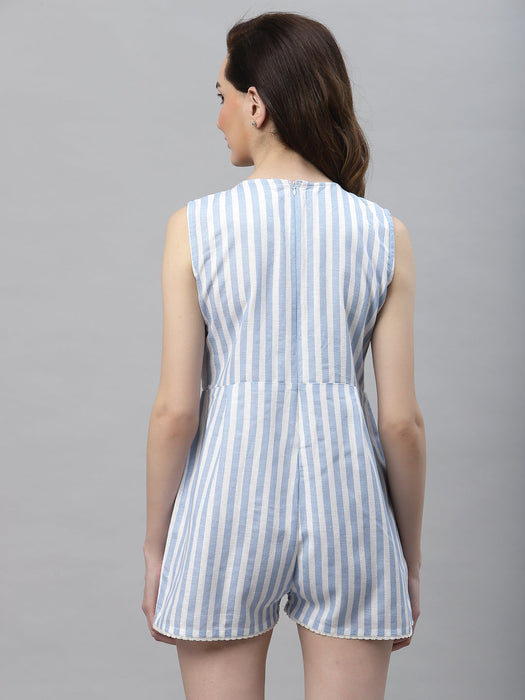 White Blue Stripe V-Neck Sleeveless Playsuit