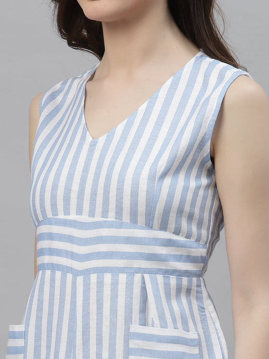 White Blue Stripe V-Neck Sleeveless Playsuit