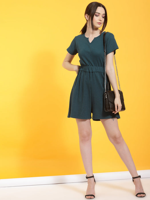 Self Textured Playsuit With Split Crew Neck