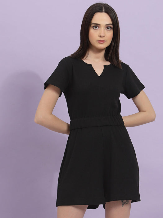 Self Textured Playsuit With Split Crew Neck