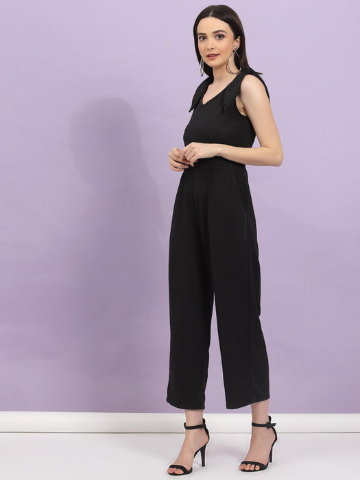 Poly Corduroy V Neck Tie-up Straps Jumpsuit