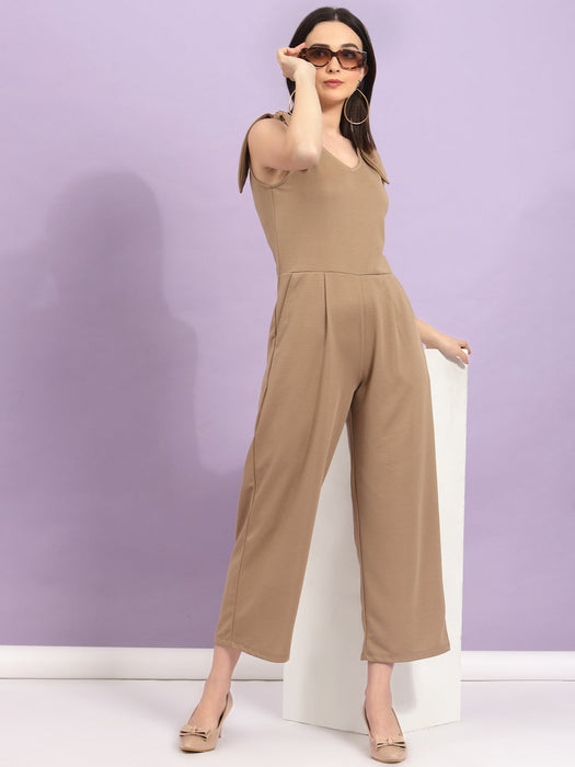 Poly Corduroy V Neck Tie-up Straps Jumpsuit