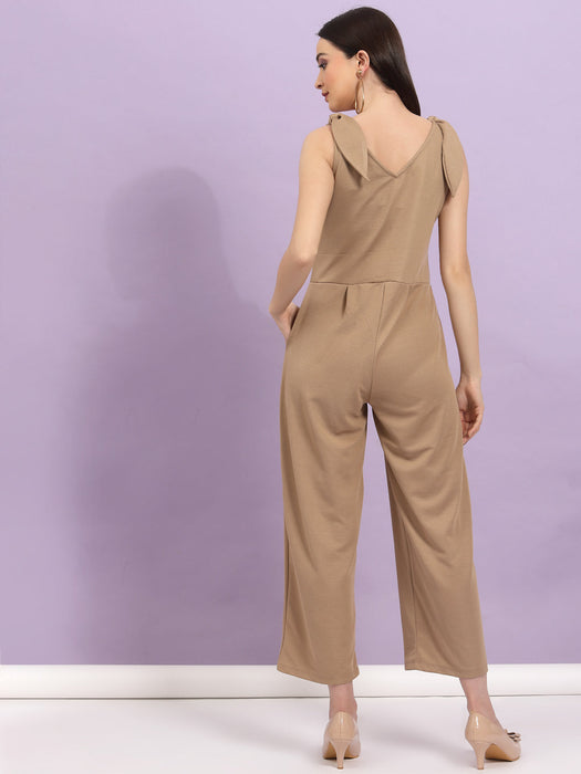 Poly Corduroy V Neck Tie-up Straps Jumpsuit