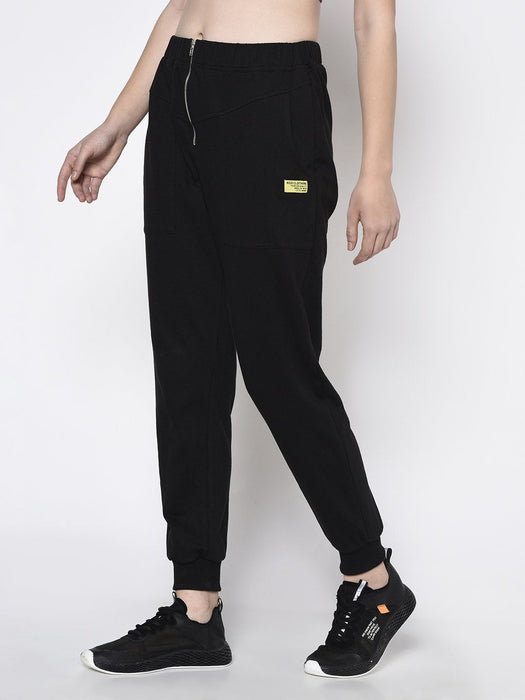 Black Zippered With Patch Pocket Terry Jogger