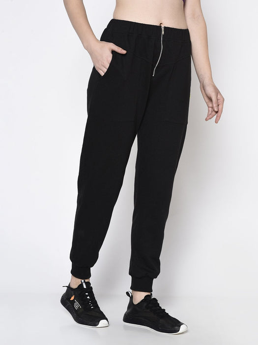 Black Zippered With Patch Pocket Terry Jogger