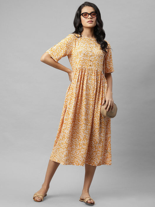 Mustard Floral Print Flared Kurta