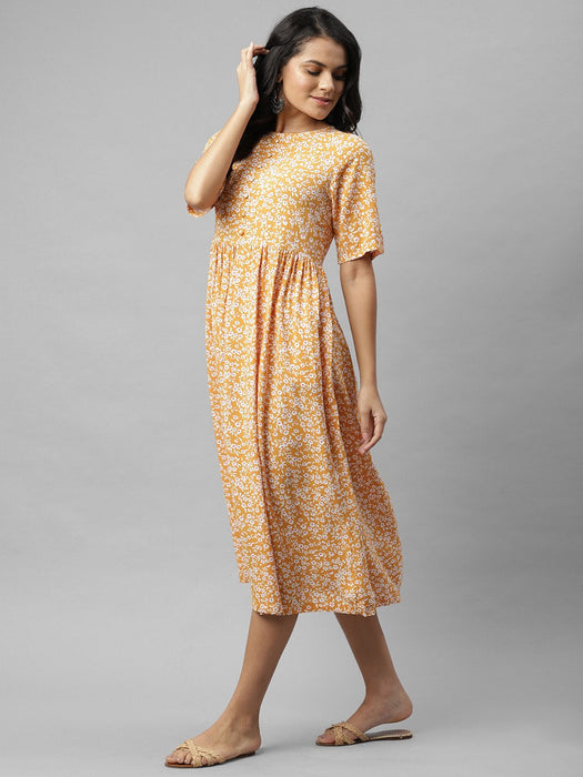 Mustard Floral Print Flared Kurta