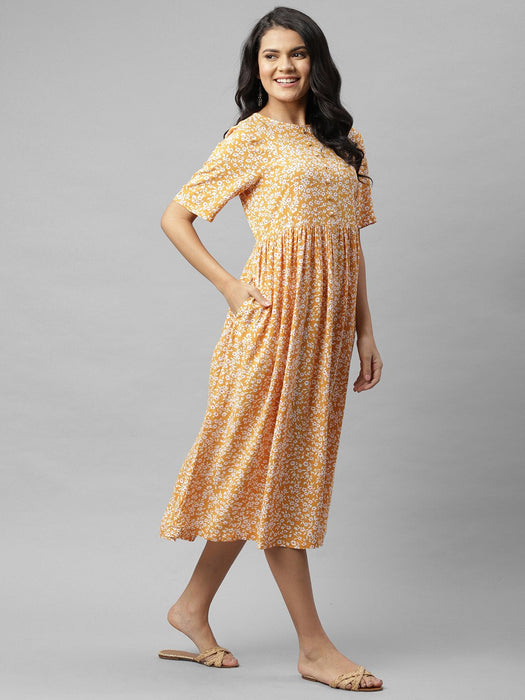 Mustard Floral Print Flared Kurta