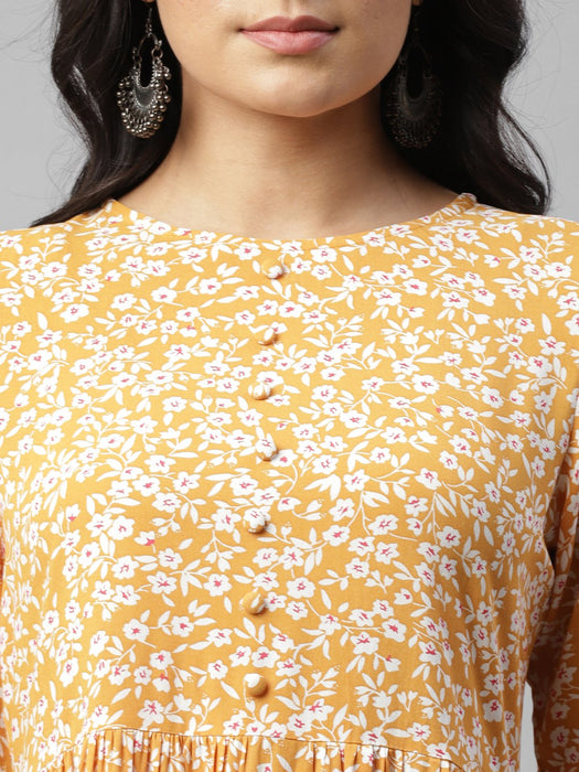 Mustard Floral Print Flared Kurta