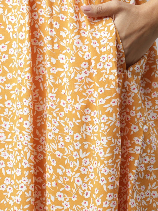 Mustard Floral Print Flared Kurta