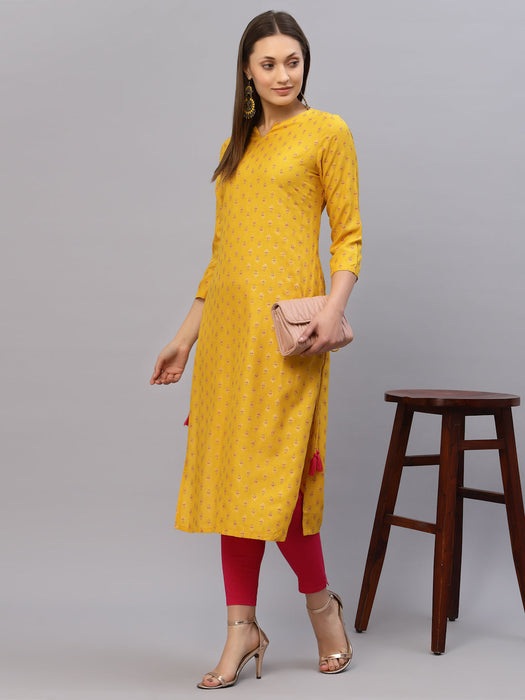 Yellow Printed Rayon Kurta