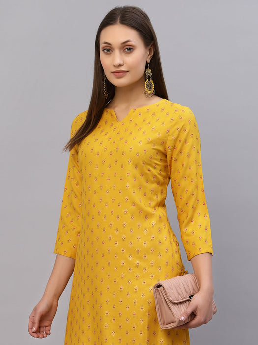 Yellow Printed Rayon Kurta