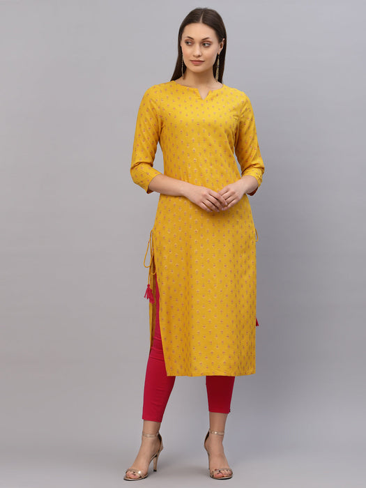 Yellow Printed Rayon Kurta