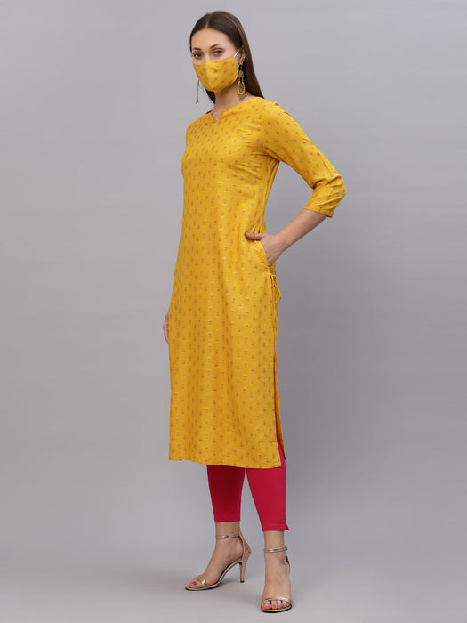 Yellow Printed Rayon Kurta