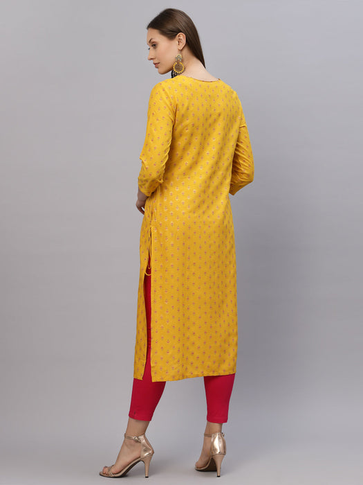 Yellow Printed Rayon Kurta