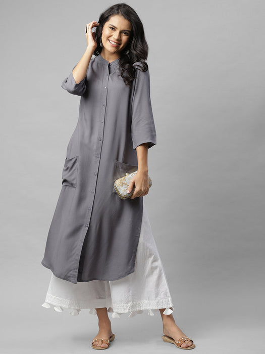 Front Open Band Collar Straight Kurta