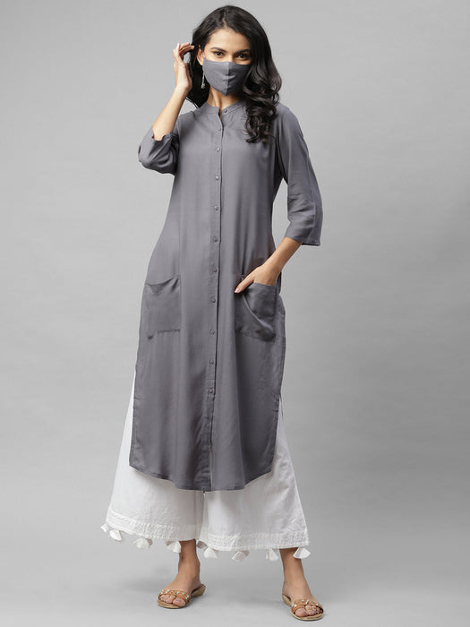 Front Open Band Collar Straight Kurta