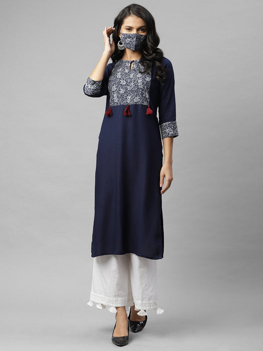 Navy Printed Key Hole Neck Kurta