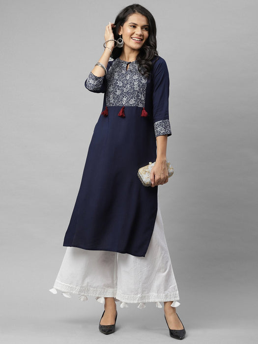 Navy Printed Key Hole Neck Kurta