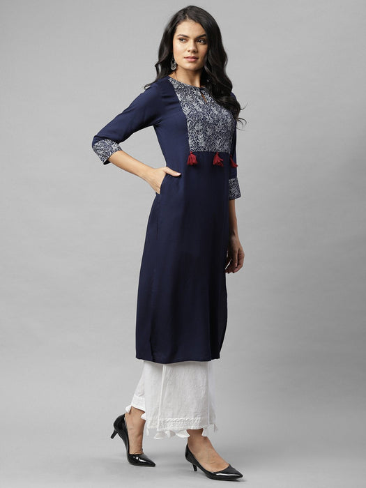 Navy Printed Key Hole Neck Kurta