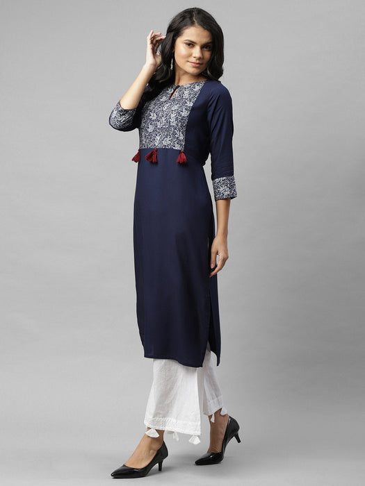 Navy Printed Key Hole Neck Kurta