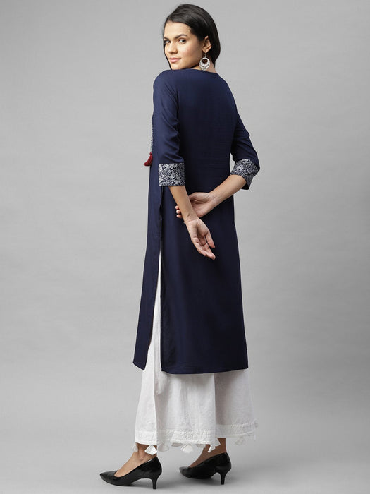 Navy Printed Key Hole Neck Kurta