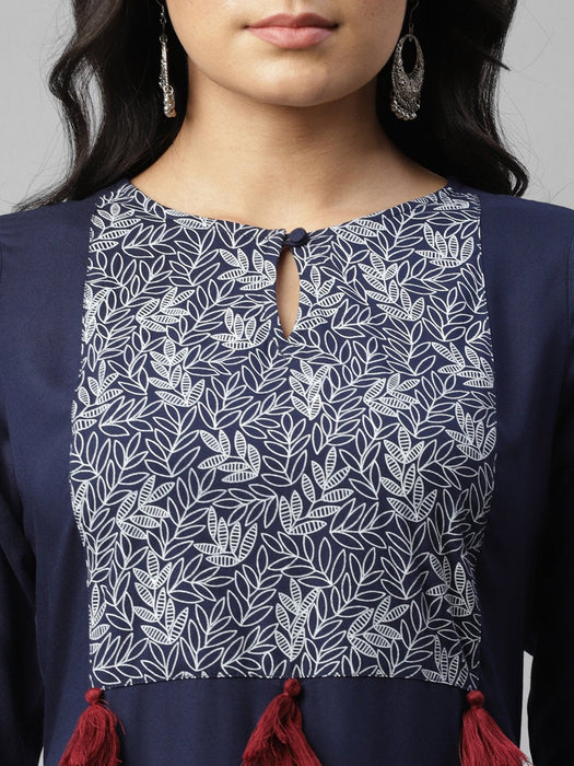 Navy Printed Key Hole Neck Kurta