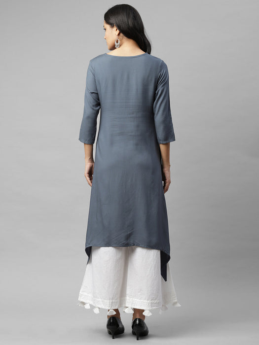 Grey Floral Printed A-Line Kurta