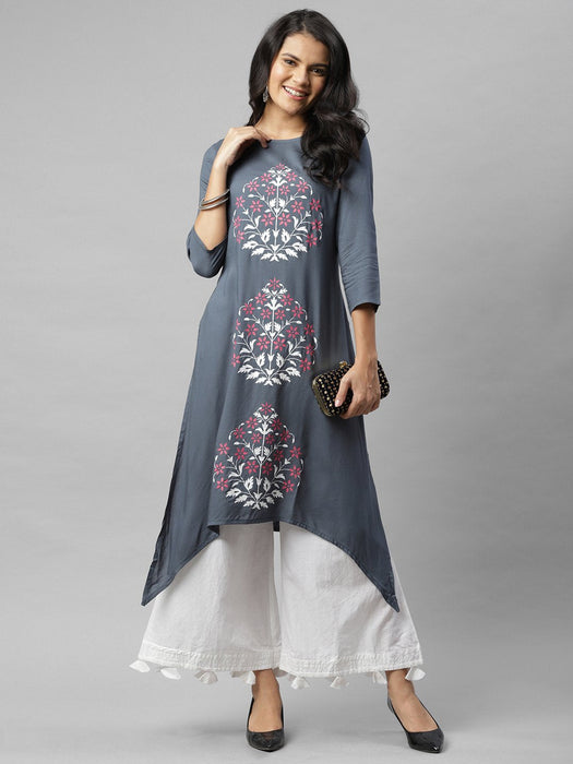 Grey Floral Printed A-Line Kurta